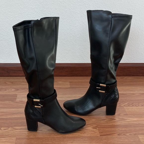 Isabell Pull On Wide Calf Black Knee High Boots w/ Buckle Accent Size 5.5 NIB - Picture 2 of 7